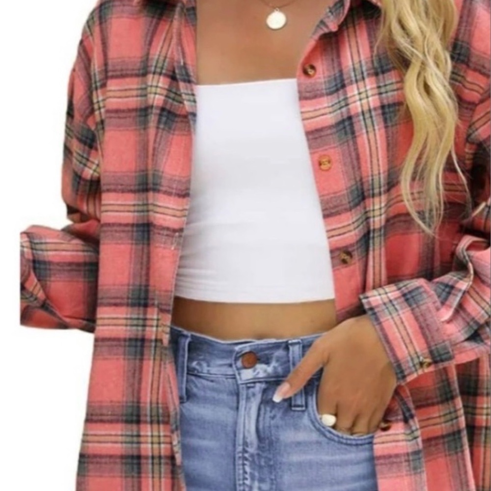 Plaid Flannel Shirts For Women Oversized Long Sleeve Button down shirt